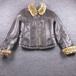 Andy Johns Jacket Womens Medium Brown Faux Leather‎ Leopard Fur Trim Motorcycle